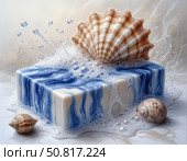 Красивая иллюстрация голубого мыла ручной работы с ракушками. Стоковое AI-изображение, AI-художник Наталья Чернова / Фотобанк Лори