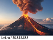 A Majestic Volcano Erupting with Lava Flowing Down its Sides, Ash Clouds Billowing High into the Sky, Creating a Dramatic and Fiery Landscape at Sunset. Стоковое AI-изображение, AI-художник Башкирова Анна / Фотобанк Лори
