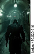 Concept: Ominous pursuit, Action game scene: The hall of shadows and dread. Стоковое AI-изображение, AI-художник Данила Большаков / Фотобанк Лори