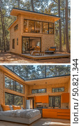 Architectural lodging: Wooden cabin nestled in the woods with modern amenities and a seamless blend of nature and contemporary living. Стоковое AI-изображение, AI-художник Данила Большаков / Фотобанк Лори