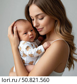 Young mother holding her newborn son in her arms. Looking at the child with tenderness. Isolated, portrait on white background. Стоковое AI-изображение, AI-художник Ирина Гильмуллина / Фотобанк Лори