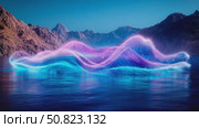 Celestial Currents: An ethereal energy wave flows across still water, embraced by distant mountain ridges. Стоковое AI-видео, аниматор Данила Большаков / Фотобанк Лори