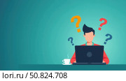 Question Mark and Problem Solving Concept. A person using a laptop with floating question marks, symbolizing brainstorming, problem-solving, and finding answers to business FAQs. Стоковое AI-изображение, AI-художник Sergey Grishin / Фотобанк Лори