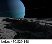 A scene on the tortured, wrinkled terrain of Miranda, one of Uranus' many moons. Стоковое фото, фотограф Ron Miller/Stocktrek Images / ТАСС / Фотобанк Лори