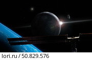 Illustration of an astronaut in orbit over earth-like planet system with space station. Стоковое фото, фотограф Roth Ritter/Stocktrek Images / ТАСС / Фотобанк Лори