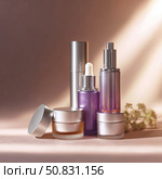 Elegant collection of skincare products displayed on a soft surface with natural lighting in a serene setting. Стоковое AI-изображение, AI-художник Сергей Толмачёв / Фотобанк Лори