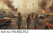 City streets overrun with decaying walking dead amid blazing fires and societal collapse. Стоковое AI-видео, аниматор Данила Большаков / Фотобанк Лори