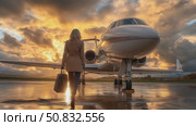 Golden Sky: Woman's Journey to Private Aviation. Стоковое AI-видео, аниматор Данила Большаков / Фотобанк Лори