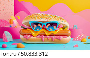 Sweet Summer Treat: A whimsical hotdog wearing sunglasses, candy sprinkle bun, and vibrant pink toppings in a playful confectionery land. Стоковое AI-изображение, AI-художник Данила Большаков / Фотобанк Лори