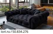 Modern Home Interior: Luxurious black tufted couch with a city window backdrop, embodying elegance and a comfortable contemporary living space. Стоковое AI-изображение, AI-художник Данила Большаков / Фотобанк Лори