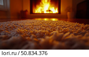 Cozy home interior: fire crackling in hearth creates a warm glow on a fluffy rug. Стоковое AI-изображение, AI-художник Данила Большаков / Фотобанк Лори