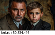 Concept: Generational Legacy - A poignant studio portrait of a man and a boy standing shoulder to shoulder, revealing the passing of time. Стоковое AI-изображение, AI-художник Данила Большаков / Фотобанк Лори
