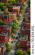 Urban Sprawl: An elevated view of a city neighborhood with brick buildings, roads, vehicles, and greenery. Стоковое AI-изображение, AI-художник Данила Большаков / Фотобанк Лори