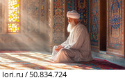 Spiritual journey: Elderly muslim man in serene contemplation in mosque with ornate tilework and sunbeams. Стоковое AI-изображение, AI-художник Данила Большаков / Фотобанк Лори