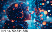 Envisioning Tomorrow: Child in Helmet Gazing at Futuristic Lights. Стоковое AI-изображение, AI-художник Данила Большаков / Фотобанк Лори
