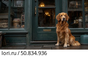 Loyal Guardian: Golden retriever dog patiently waits by the quaint green door of an old shop entrance. Стоковое AI-изображение, AI-художник Данила Большаков / Фотобанк Лори