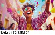 Euphoric Carnival Celebration: Woman with Sunglasses in a shower of Confetti and Balloons. Стоковое AI-изображение, AI-художник Данила Большаков / Фотобанк Лори