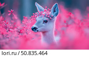 Spring Fawn: A Tender Portrait of a Young Deer Adorned with Blossoms Amidst a Sea of Pink Blooms. Стоковое AI-изображение, AI-художник Данила Большаков / Фотобанк Лори
