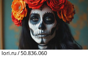 Halloween beauty portrait of a skeleton woman of death, the makeup on the face. Girl death Halloween costume. Day of The Dead. Charming and dangerous Calavera Catrina. Стоковое AI-видео, аниматор Sergey Grishin / Фотобанк Лори