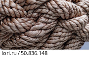Tightly woven rope fibers interlocking in complex knot, revealing textural detail and robust strength of nautical cordage with warm earthy coloration. Стоковое AI-изображение, AI-художник Данил Руденко / Фотобанк Лори