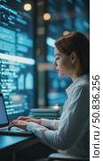 Process automation to efficiently manage files. Businesswoman working on laptop with virtual screen. Online documentation database and cloud document management system concept. Стоковое AI-видео, аниматор Sergey Grishin / Фотобанк Лори
