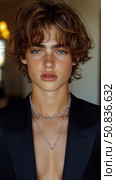 Close-up face: androgynous freckled youth with blue eyes, confident gaze and necklace, modeling for jacket fashion style. Стоковое AI-изображение, AI-художник Данила Большаков / Фотобанк Лори