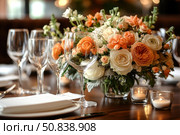 Elegant festive table setting with an emphasis on a sophisticated floral arrangement of creamy white and peach-orange flowers. Against the background of wine glasses and burning candles, an atmosphere of coziness, solemnity and sophistication is created. Ideal for weddings, banquets, romantic dinners and interior decoration. Стоковое AI-изображение, AI-художник Анна Кривицкая / Фотобанк Лори