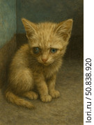 A digital illustration of a sad ginger kitten sitting in the corner of a room. His big blue eyes are filled with sadness and confusion, which evokes a strong emotional response from the viewer. The warm, soft texture of the image resembles an oil painting, emphasizing the fragility and vulnerability of the baby. The work is ideal for themes of compassion for animals, charity, shelters, saving homeless animals and psychological symbolism. Стоковое AI-изображение, AI-художник Анна Кривицкая / Фотобанк Лори
