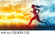 Dynamic image of a woman running against a bright sunset sky, made in the style of digital illustration with a paint splatter effect. The silhouette of the athlete seems to dissolve in the energy of movement, combining power, desire and freedom. An ideal visual for the themes of "sport", "motivation", "determination", "healthy lifestyle", "energy of the day". Suitable for sports advertising, posters, banners, applications and publications in social networks. Стоковое AI-изображение, AI-художник Анна Кривицкая / Фотобанк Лори