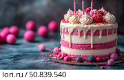 Celebratory confection: tiered raspberry birthday cake with sweet cream frosting and lit candles. Стоковое AI-изображение, AI-художник Данила Большаков / Фотобанк Лори