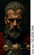 Grim Commander: A portrait of grizzled leader in ornate military attire, conveying strength and resolve, possibly for historical fiction. Стоковое AI-изображение, AI-художник Данила Большаков / Фотобанк Лори
