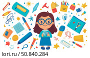Back to School Illustration: Cheerful student surrounded by educational supplies for print, card, poster. Стоковое AI-изображение, AI-художник Данила Большаков / Фотобанк Лори
