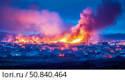 Town Ablaze: Midnight Firestorm Engulfing a Coastal Hamlet at Night, Disaster Scenery. Стоковое AI-изображение, AI-художник Данила Большаков / Фотобанк Лори