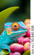 A vibrant chameleon resting amongst fruit, basking in colorful scales. Стоковое AI-изображение, AI-художник Данила Большаков / Фотобанк Лори