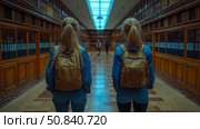 Back to Academia: Twin Girls Returning to the Library with their Backpacks. Стоковое AI-изображение, AI-художник Данила Большаков / Фотобанк Лори