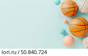 Sporty Still Life: A Grouping of Basketballs and Pastel Spheres on a Soft Blue Field, Ideal for Athletic Print, Banner, or Sports-themed Card. Стоковое AI-изображение, AI-художник Данила Большаков / Фотобанк Лори
