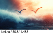 A captivating image of two seagulls soaring over rough sea waves against a dramatic sunset sky. The powerful element of water, bright light and movement create a sense of freedom, flight and the power of nature. Perfect for use with travel, freedom, power of the elements and inspiration themes. Стоковое AI-изображение, AI-художник Анна Кривицкая / Фотобанк Лори
