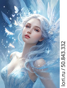 A captivating fairy with silvery blue hair adorned with flowers gazes thoughtfully, surrounded by shimmering butterflies and a mystical glow that evokes enchantment and beauty Generative AI. Стоковое AI-изображение, AI-художник Юлия Петровская / Фотобанк Лори