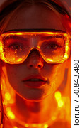 Fiery Gaze: Futuristic goggles reflect a warm radiant light, illuminating a woman's freckled face with intensity and a touch of mystery. Стоковое AI-изображение, AI-художник Данила Большаков / Фотобанк Лори