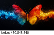 Metamorphosis Concept: butterfly with elemental halves of fire and ice. Стоковое AI-изображение, AI-художник Данила Большаков / Фотобанк Лори