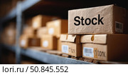 Cardboard boxes labeled stock stored on shelves in warehouse. Стоковое AI-изображение, AI-художник Катерина Бондарец / Фотобанк Лори