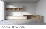 Minimalist interior with modern wooden and white built-in office furniture, featuring clean lines, open shelving, and natural lighting. Стоковое AI-изображение, AI-художник Катерина Бондарец / Фотобанк Лори