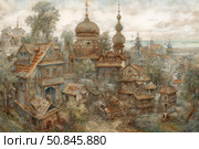 A detailed fantasy illustration of an ancient Slavic town with carved wooden houses, domed Orthodox churches and winding streets. The architecture is richly decorated with ornaments and patterns, creating an atmosphere of a magical past. In the foreground are huts, bridges, carts and street life, taking the viewer into a fairy-tale world inspired by Russian folk motifs and 19th century architecture. The color scheme is soft, warm, with a lot of detail, ideal for book design, postcards and fairy tales. Стоковое AI-изображение, AI-художник Анна Кривицкая / Фотобанк Лори