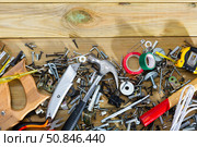 Set of hand tools on wooden background. Стоковое фото, фотограф Яков Филимонов / Фотобанк Лори
