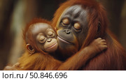 A touching scene of maternal love in the wild: an orangutan mother hugs her baby. Their eyes are closed, their facial expressions are calm and peaceful, creating a feeling of warmth, security and unconditional affection. The soft light and blurred background highlight the emotional depth of the moment, making the image ideal for themes related to family, care, nature and motherhood. Стоковое AI-изображение, AI-художник Анна Кривицкая / Фотобанк Лори