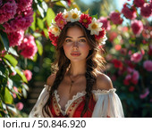 A woman wearing a flower headdress stands in front of a field of pink flowers. Стоковое AI-изображение, AI-художник Ярославский Максим / Фотобанк Лори