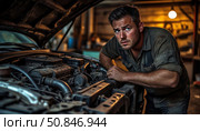 A man is looking at the engine of a car. Стоковое AI-изображение, AI-художник Ярославский Максим / Фотобанк Лори