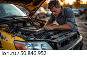 A man is working on a yellow car engine. Стоковое AI-изображение, AI-художник Ярославский Максим / Фотобанк Лори