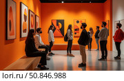 A group of people are standing in front of a wall of paintings. Стоковое AI-изображение, AI-художник Ярославский Максим / Фотобанк Лори