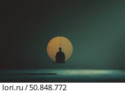 Individual meditates in serene space illuminated by a large circle representing the moon during quiet nighttime hours. Стоковое AI-изображение, AI-художник Сергей Толмачёв / Фотобанк Лори